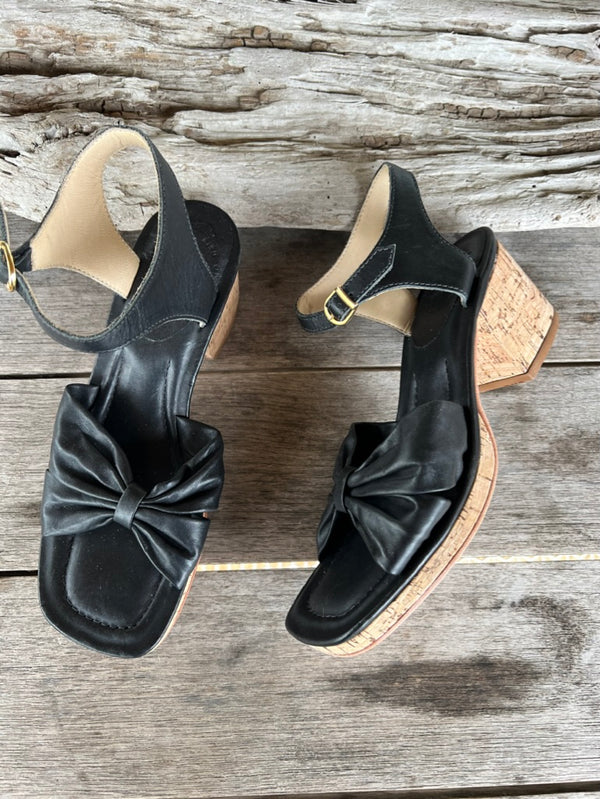 Black, Real cork platform and heel leather Bow front sandals. Size 7