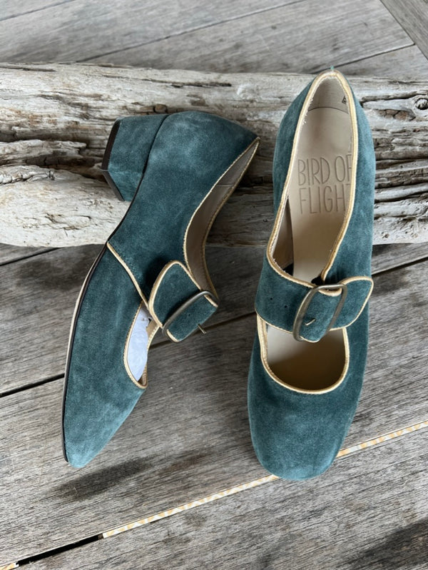 Teal Suede mary janes on little heel with brass buckle Size 6.5
