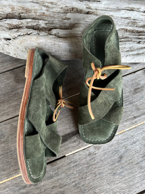 Olive suede cross front, tie sandals Size 7