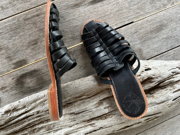 Black fisherman leather sandals.  Open back. size 7